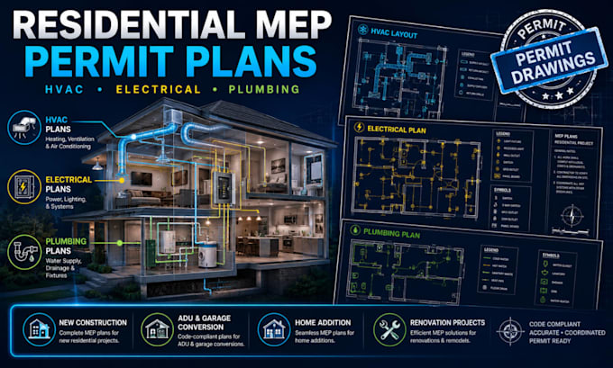create residential mep, hvac electrical plumbing design, permit plans
