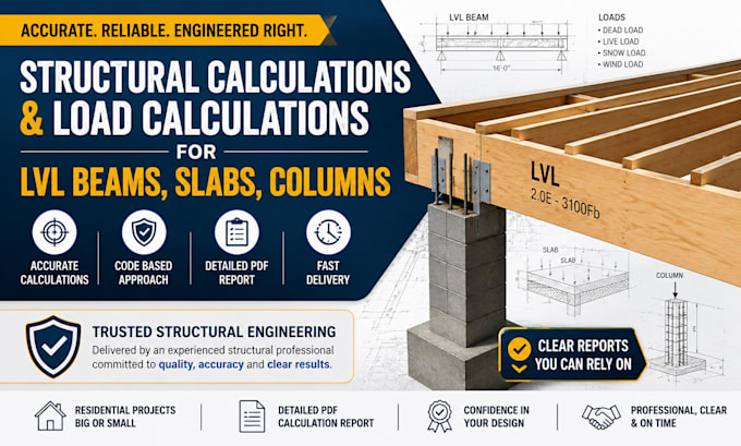 do structural calculations and load calculations for lvl beams, slabs, columns