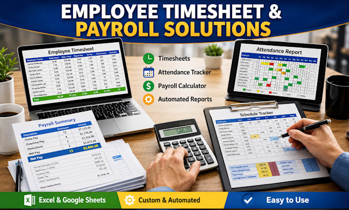 employee timesheet, attendance tracker, schedule tracker and payroll spreadsheet