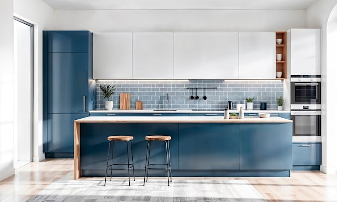 create custom 3d kitchen design, cabinet layout and 3d rendering