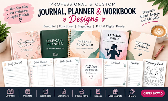 do journal design, planners, workbooks, worksheet and fillable pdf ebook design