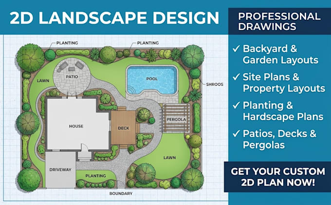 create 2d 3d landscape design for backyard garden design as landscape architect