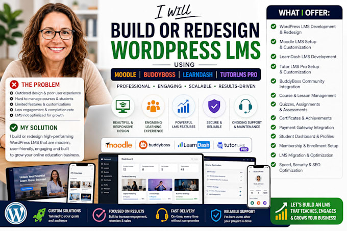 build or redesign wordpress lms using moodle, buddyboss, learndash, tutorlms pro
