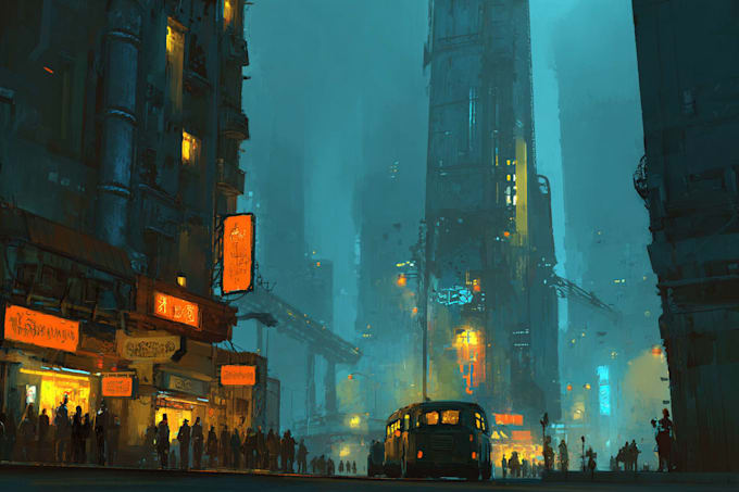 create a stunning sci fi city concept art and cyberpunk landscape
