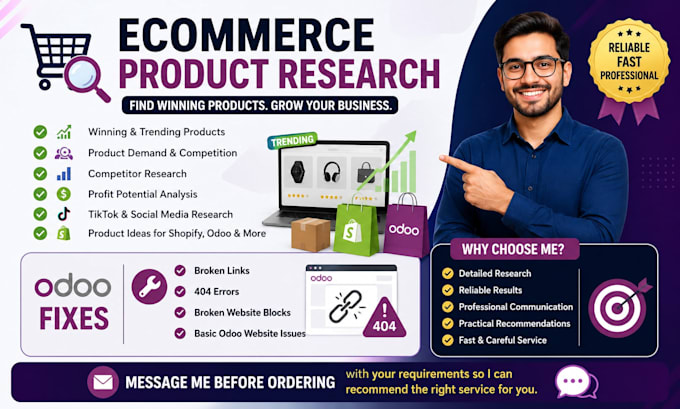 research ecommerce products and fix odoo website errors and broken links