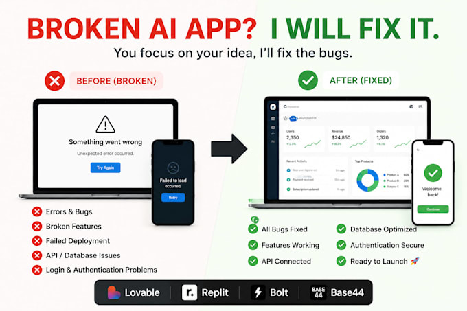 fix your vibe coded lovable replit bolt base44 bug fixing ai saas mobile app dev