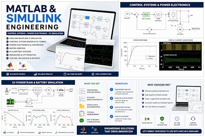 design and simulate matlab simulink control systems, power electronics and ev
