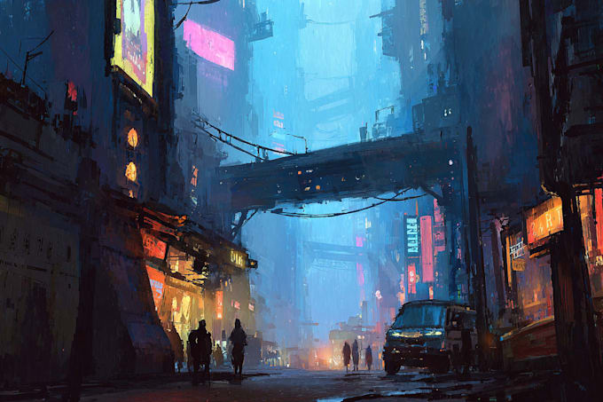 create futuristic cyberpunk city art and sci fi environments