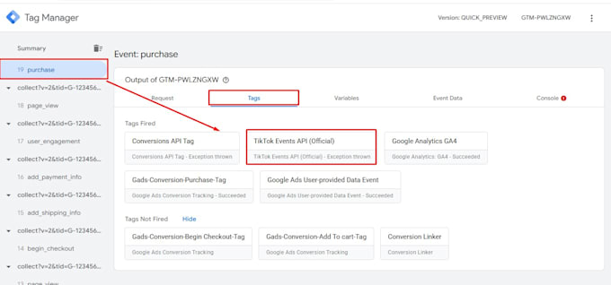 setup or fix tiktok pixel, events api with GTM