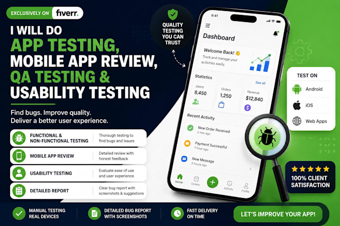 do app testing, mobile app review, QA testing and usability testing