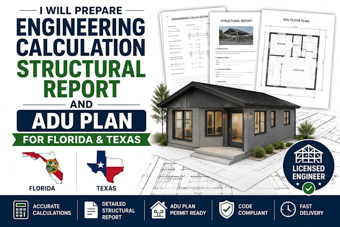 prepare engineering calculation structural report and adu plan for florida texas