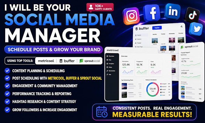 be your social media manager schedule post with metricool, buffer, sprout social