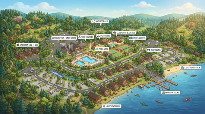 design 2d 3d isometric park map, vacation map, resort and custom campground map