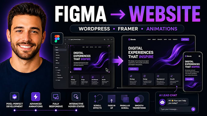 build pixel perfect figma to wordpress or framer website with ai chatbot