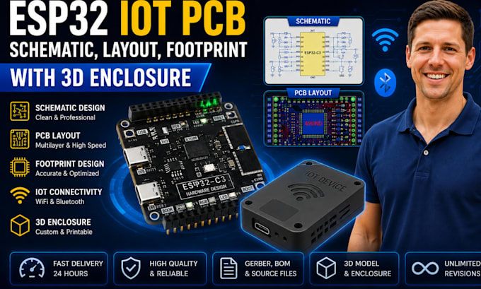 design esp32 iot pcb, schematic, layout, footprint in kicad with 3d enclosure