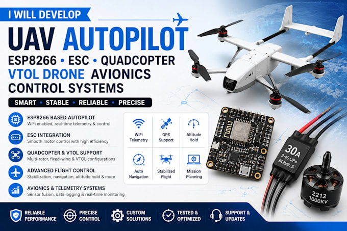 develop uav autopilot esp8266 esc quadcopter vtol drone avionics control systems