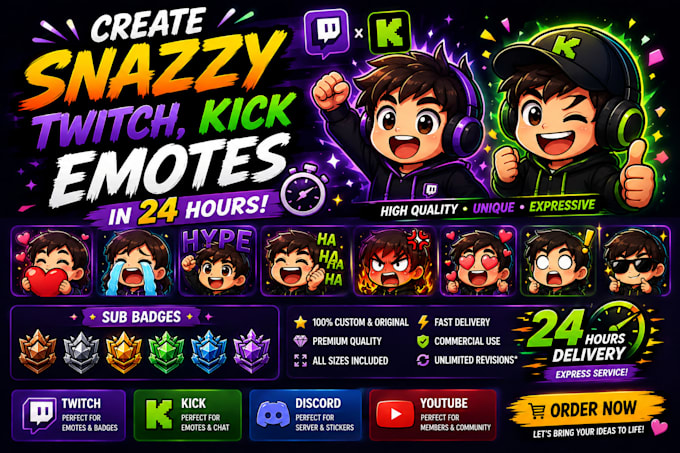 create snazzy twitch, kick emotes in 24 hours