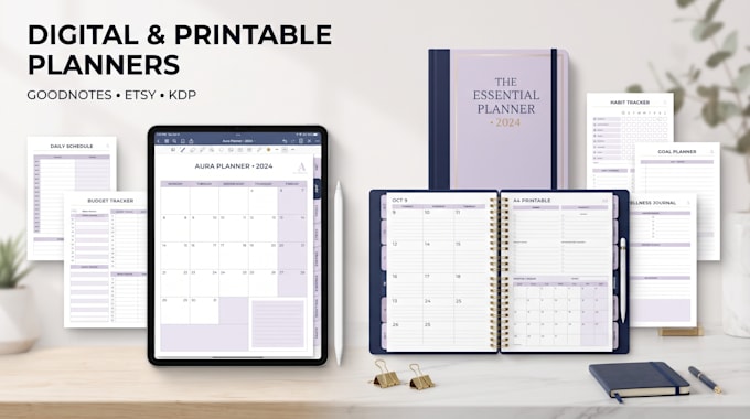 design digital printable planners and hyperlinked goodnotes journal for etsy KDP