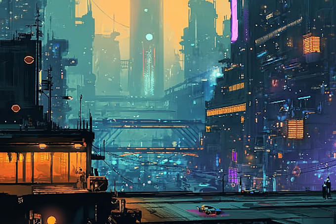 illustrate a futuristic sci fi city or cyberpunk environment