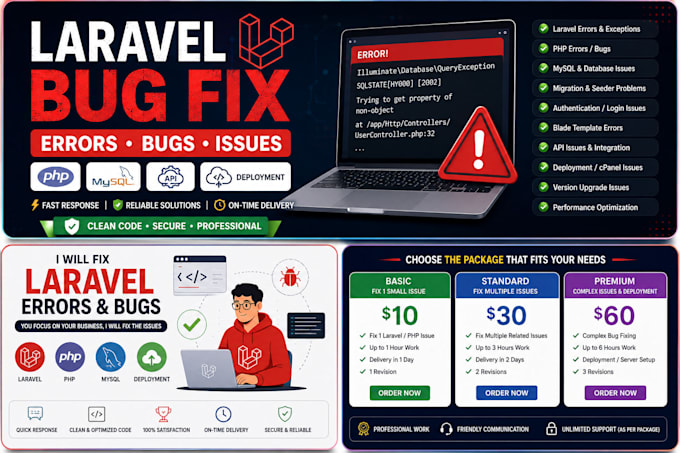 fix laravel PHP errors, bugs, database and deployment issues