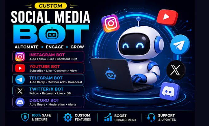 create social media bot, tiktok bot, instagram bot, youtube bot, twitter x bot