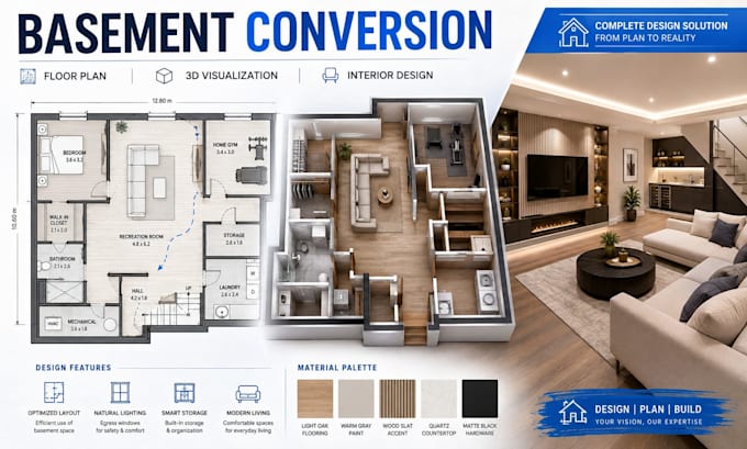 design basement conversion to living space with floor plan and 3d visualization
