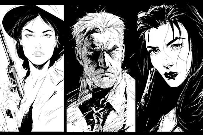 draw dark noir comic book illustration and character design