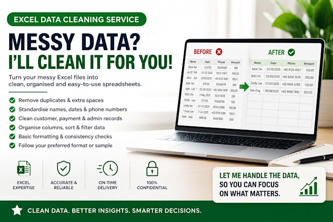clean, organise and format messy excel data and spreadsheets