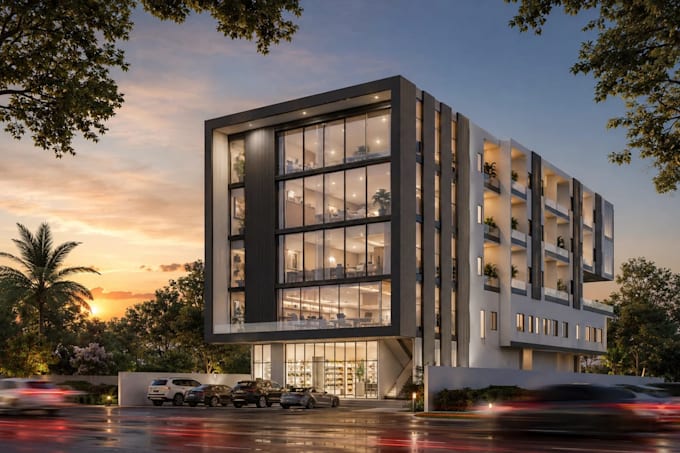 render 3d mixed use complex,store front design, cgi commercial building exterior