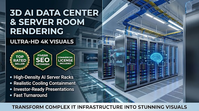 create 3d ai data center design and server room rendering