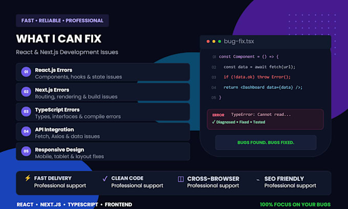 fix bugs and errors in HTML CSS javascript react and next js