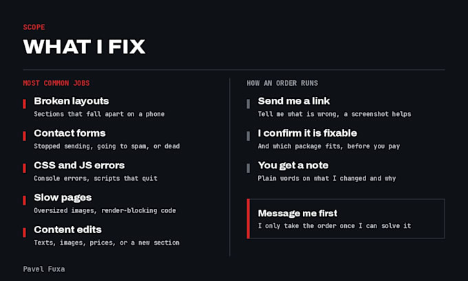fix bugs and make small edits on your coded site, wordpress or framer