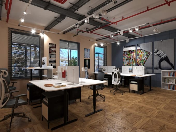 covert warehouse to industrial office spaces, workplace visualization render