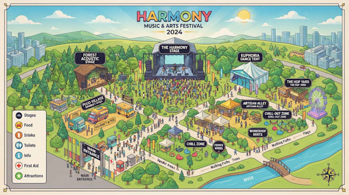 design festival map, event map, isometric map, venue map and vector map