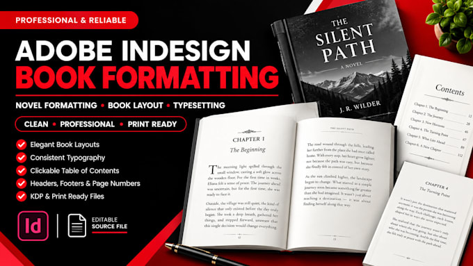 do adobe indesign book formatting, novel formatting, book layout and typesetting