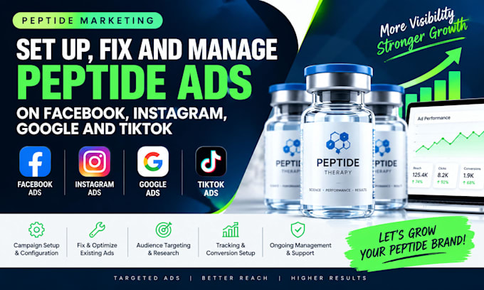 set up, fix and manage peptide ads on facebook, instagram, google and tiktok