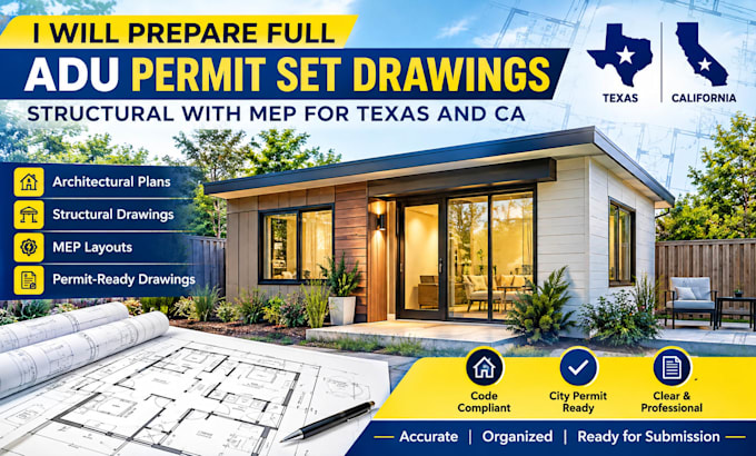 prepare full adu permit set drawings, structural with mep for texas and ca