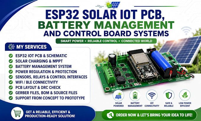 design esp32 solar iot pcb, battery management and control board systems
