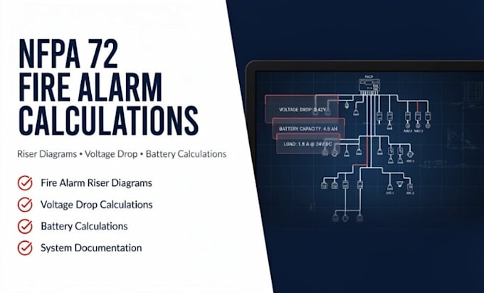 create nfpa 72 fire alarm riser diagrams and battery voltage drop calculations