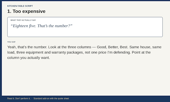 create an hvac good better best quote sheet and objection scripts