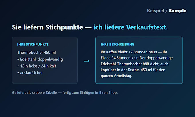 write 10 SEO product descriptions in native quality german