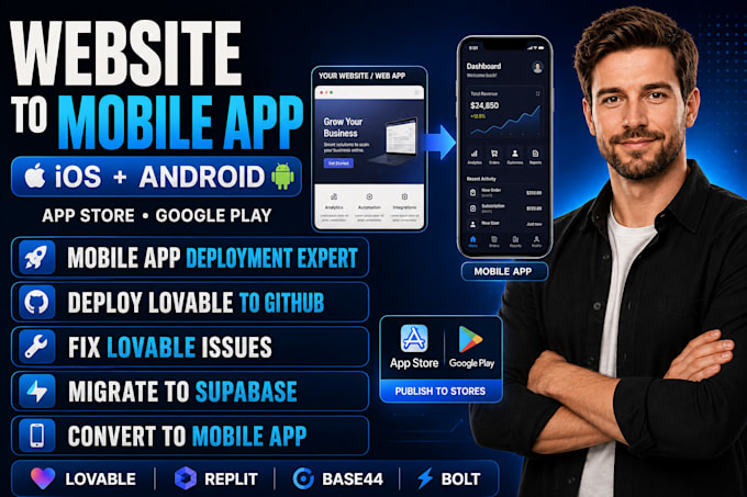 convert website to app lovable replit ai base44 ios android app store publish