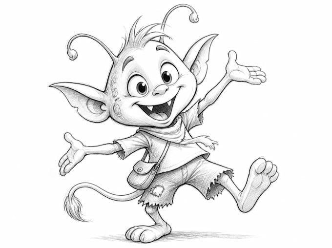 sketch, outline and color cartoon illustrations