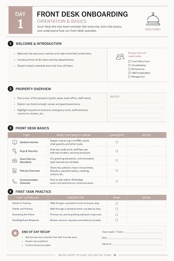 create a custom hotel fd onboarding and training checklist