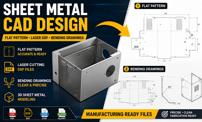 sheet metal cad, enclosure flat patterns, laser cutting dxf and bending drawings