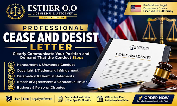 draft a professional cease and desist letter as a US lawyer