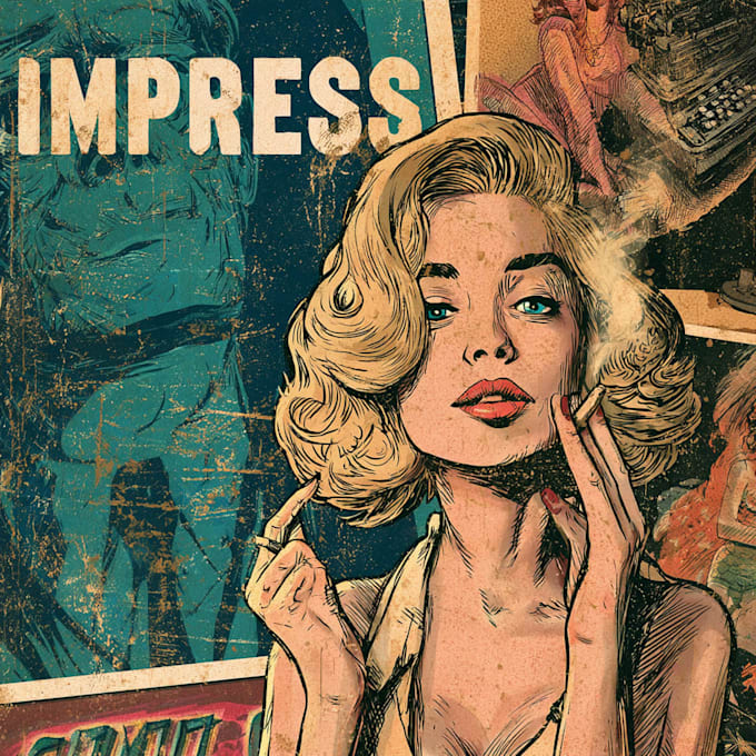 draw vintage illustration, distressed retro or comic art