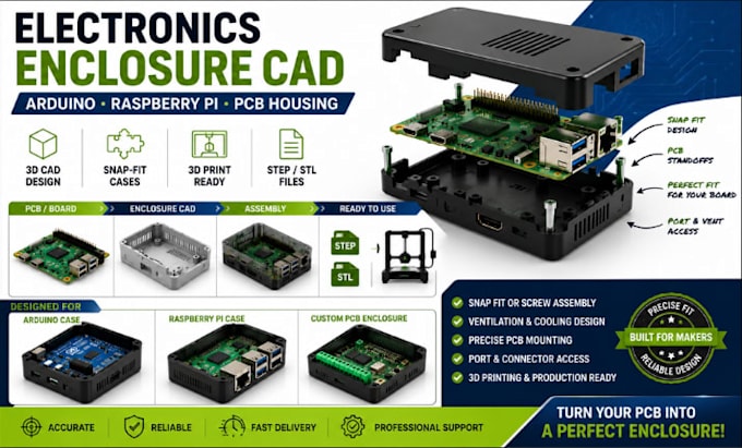 electronics enclosure cad, arduino snap fit case and raspberry pi 3d pcb housing