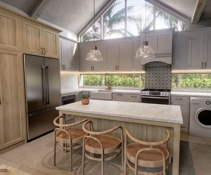 create a 3d kitchen design and realistic render