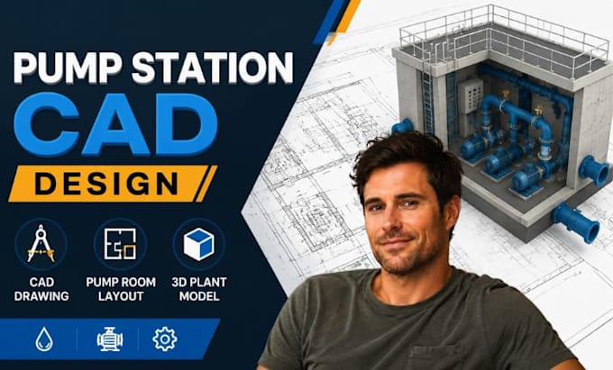 pump station cad drawing, pump room layout, 3d plant modeling